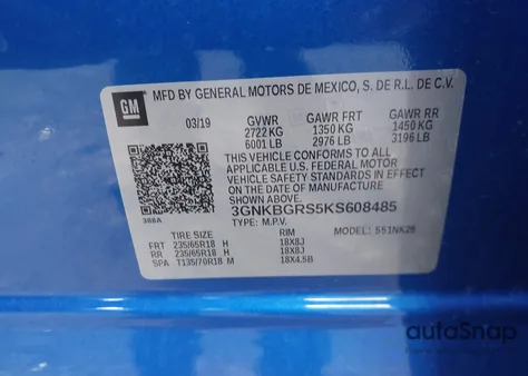 2019 Chevrolet Blazer z USA, uszkodzony, nr VIN 3GNKBGRS5KS608485